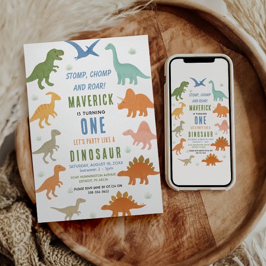 Invitation Fête d'anniversaire de 1 an de dinosaure | Préhist