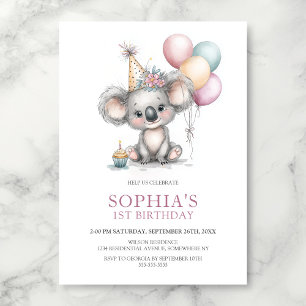 Invitation Fête d'anniversaire de 1 an de Koala Mignon
