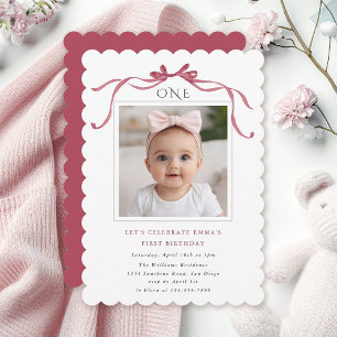 Invitation Fête d'anniversaire de 1 an de la fille au nœud ro