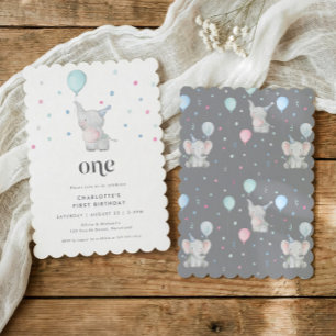 Invitation Fête d'anniversaire de 1 an d'un bébé éléphant mig