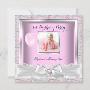 Invitation Fête d'anniversaire de 1 an Filles Rose Diamants