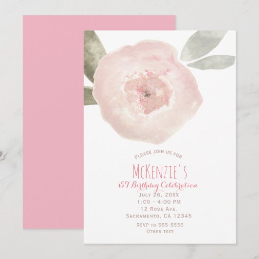 Invitation Fête d'anniversaire de 1 an Fleur Aquarelle Rose (Devant / Derrière)