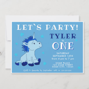 Invitation Fête d'anniversaire de 1 an Licorne Bleue Mignonne