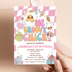 Invitation Fête d'anniversaire de 1 an One Groovy Chick Sprin