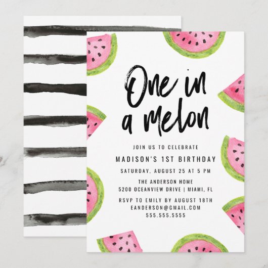 Invitation Fête d'anniversaire de 1 an "One in a Melon" (Devant / Derrière)