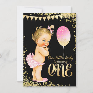 Invitation Fête d'anniversaire de 1 an pour filles avec paill