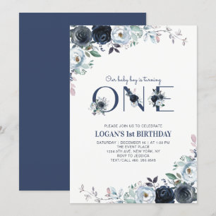 Invitation Fête d'anniversaire de 1 an pour garçon, floral bo