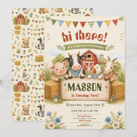Invitation Fête d'anniversaire de 2 ans à la ferme rustique p (Devant / Derrière)