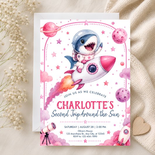 Invitation Fête d'anniversaire de 2 ans Cute Pink Outer Space