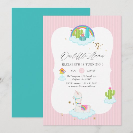 Invitation Fête d'anniversaire de 2 ans de Llama branché (Devant / Derrière)