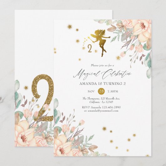 Invitation Fête d'anniversaire de 2 ans sur le thème de la fé (Devant / Derrière)