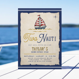 Invitation Fête d'anniversaire de 2 ans Two Nauti Sailboat