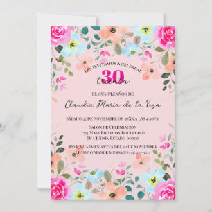 Invitation Fête d'anniversaire de 30 ans aux fleurs roses viv