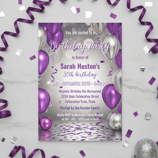 Invitation Fête d'anniversaire de 30 ans violet et argent sci