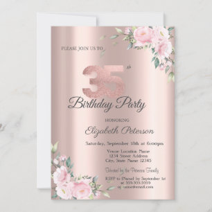 Invitation Fête d'anniversaire de 35 ans Rose Gold Floral Ros