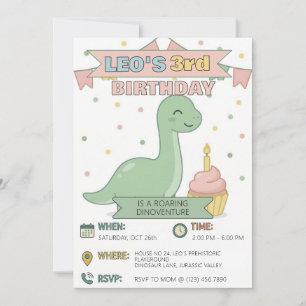 Invitation Fête d'anniversaire de 3 ans de dinosaure mignon g