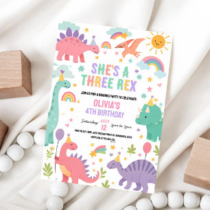 Invitation Fête d'anniversaire de 3 ans de T-Rex rose
