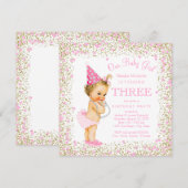 Invitation Fête d'anniversaire de 3 ans pour filles Rose Pail (Devant / Derrière)