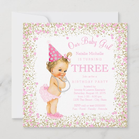 Invitation Fête d'anniversaire de 3 ans pour filles Rose Pail (Devant)