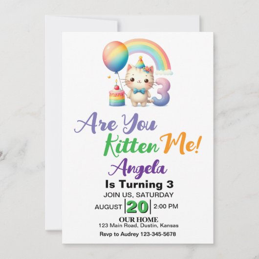 Invitation Fête d'anniversaire de 3 ans pour un adorable chat (Devant)