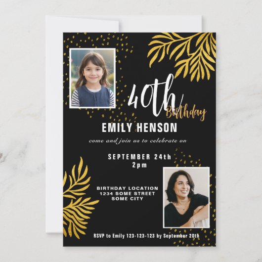 Invitation Fête d'anniversaire de 40 ans avec feuillage doré (Devant)
