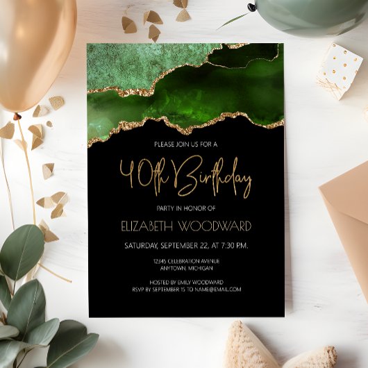 Invitation Fête d'anniversaire de 40 ans Green Gold Agate Geo