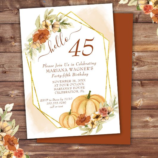 Invitation Fête d'anniversaire de 45 ans à l'aquarelle rustiq