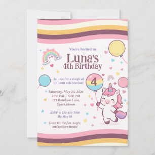 Invitation Fête d'anniversaire de 4 ans de Licorne Arc-en-cie