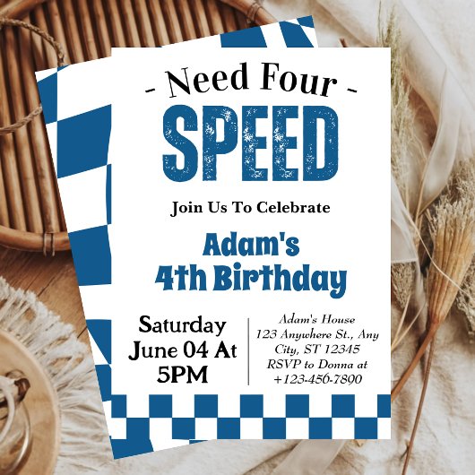 Invitation Fête d'anniversaire de 4 ans Need Four Speed Boy
