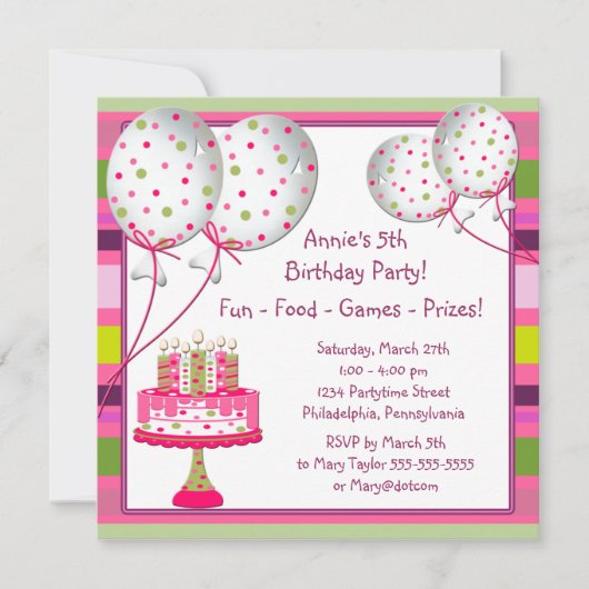Invitation Fête d'anniversaire de 4 ans pour filles avec gâte (Devant)
