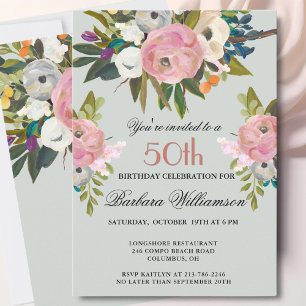 Invitation Fête d'anniversaire de 50 ans aux fleurs peintes à