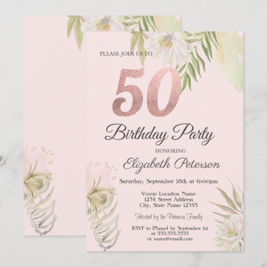 Invitation Fête d'anniversaire de 50 ans Chic Rose Boho Flora (Devant / Derrière)