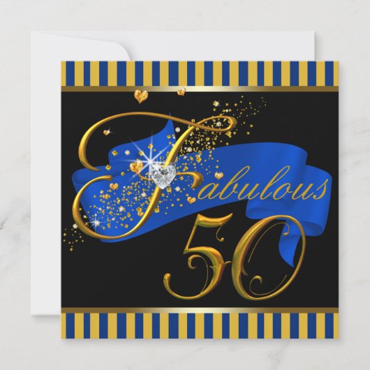 Invitation Fête d'anniversaire de 50 ans fabuleuse bleu et or (Devant)