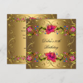 Invitation Fête d'anniversaire de 50 ans Fleurs roses or noir (Devant / Derrière)