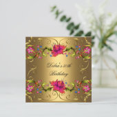 Invitation Fête d'anniversaire de 50 ans Fleurs roses or noir (Debout devant)