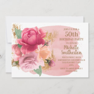 Invitation Fête d'anniversaire de 50 ans Fleurs roses Paillet