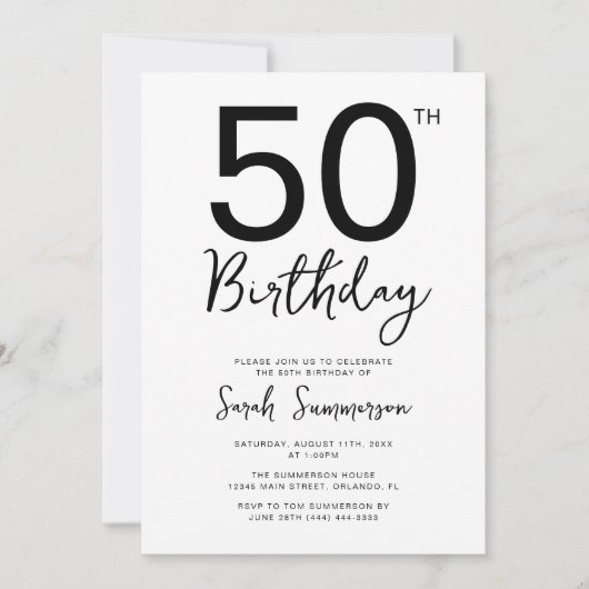 Invitation Fête d'anniversaire de 50 ans Minimal Black White (Devant)