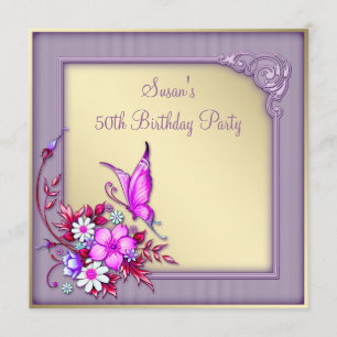 Invitation Fête d'anniversaire de 50 ans papillon violet or f