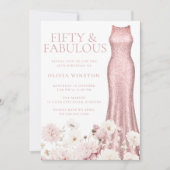 Invitation Fête d'anniversaire de 50 ans robe et floral rose  (Devant)