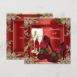 Invitation Fête d'anniversaire de 50 ans Rose rouge Or Floral