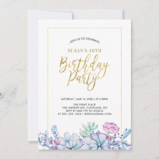Invitation Fête d'anniversaire de 50 ans Succulentes Fleur &  (Devant)