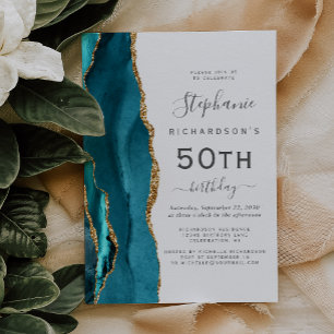 Invitation Fête d'anniversaire de 50 ans Teal Blue Gold Agate