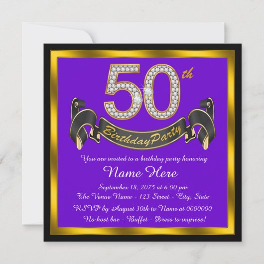 Invitation Fête d'anniversaire de 50 ans Violet et Or (Devant)
