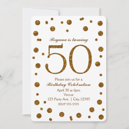 Invitation Fête d'anniversaire de 50 ans White & Gold Glitter (Devant)