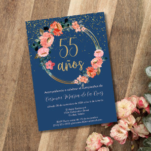 Invitation Fête d'anniversaire de 55 ans aux fleurs dorées ma