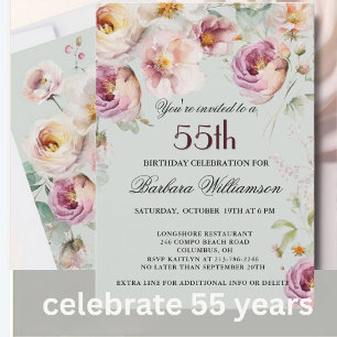 Invitation Fête d'anniversaire de 55 ans aux fleurs peintes é