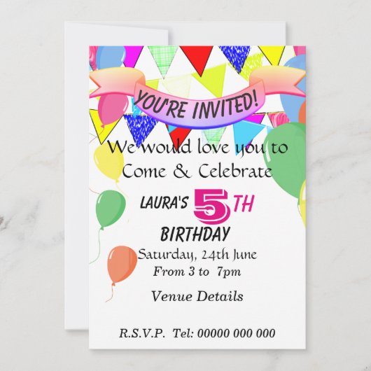 Invitation Fête d'anniversaire de 5 ans (Devant)