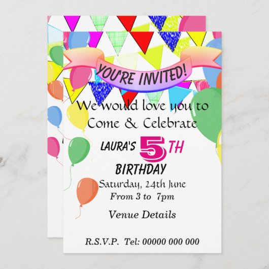 Invitation Fête d'anniversaire de 5 ans (Devant / Derrière)