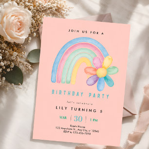 Invitation Fête d'anniversaire de 5 ans Arc-en-ciel Pastel