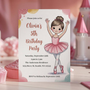 Invitation Fête d'anniversaire de 5 ans de ballerine pour enf